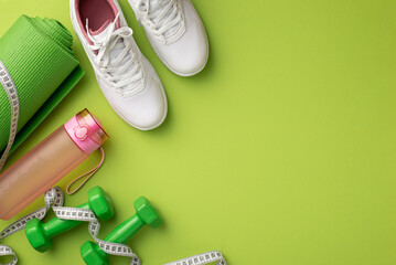 Slimming concept. Top view photo of white sneakers sports mat tape measure pink bottle of water and dumbbells on isolated green background with copyspace