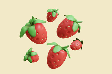 Strawberry realistic ripe fresh strawberries with green leaves , isolated on yellow background ,with clipping path, illustration 3D Rendering