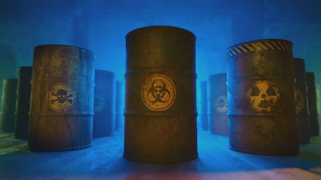 Rusty barrels containing radioactive, toxic and biohazard materials lit by emergency lights. 3d animation.