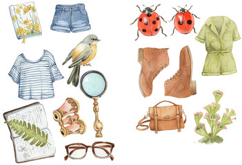 set of nature love's outfit and must haves elements 