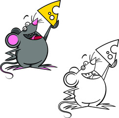 Mouse and cheese - a small funny animal holds a piece of cheese in its paw. Cartoon character.