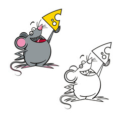 Mouse and cheese - a small funny animal holds a piece of cheese in its paw. Cartoon character.