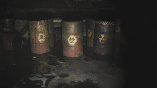 Rusty barrels containing radioactive, toxic and biohazard materials in some kind of illegal storage facility or underground.