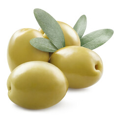 Delicious green olives with leaves, isolated on white background