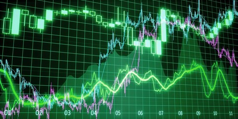 Stock trading, crypto currency concept. Indicator candlestick chart on screen, market volatility, up and down trend.