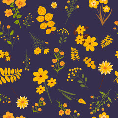 yellow flowers on blue background seamless in flat design, isolated vector