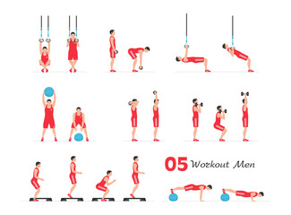 Men workout set. Men Fitness Aerobic and Exercises. Men doing fitness and yoga exercises. Flat style