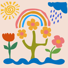 Hand drawn, rainbow and summer flowers. Greeting card.