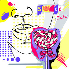 Bright background in psychedelic style. Sweet sale.Fashion illustration