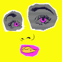 Vector abstract illustration with lips with lipstick in collage technique. Bright background in psychedelic style. Magazine clippings, pop-art. Trippy
