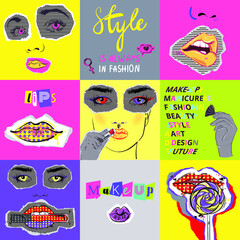 Vector abstract illustration of female face, lips, eyes, lollipop and text in collage style. Bright psychedelic background for the design of banners, prints, posters, advertising.