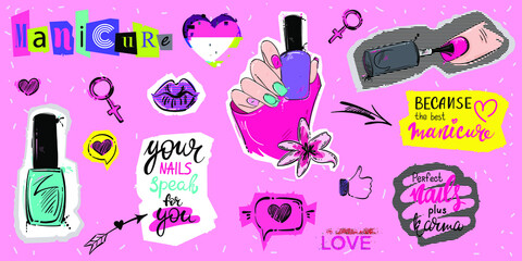 Vector abstract illustration of stickers of phrases, nail polish, heart, arrow and more in collage style. Bright psychedelic background for the design of banners, prints, posters, advertising. Set of 
