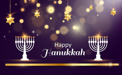 Fototapeta na wymiar Hanukkah greeting card on a beautiful background with stars of David and an Israeli candlestick.