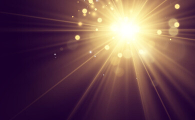 Fototapeta premium Special lens flash, light effect. The flash flashes rays and searchlight. illust.White glowing light. Beautiful star Light from the rays. The sun is backlit. Bright beautiful star. Sunlight. Glare.