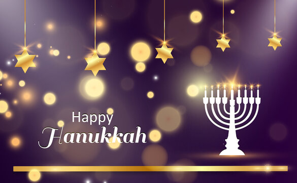 Hanukkah greeting card on a beautiful background with stars of David and an Israeli candlestick.