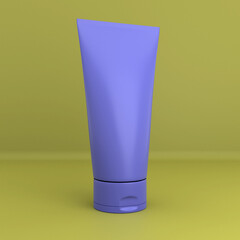 Cosmetics tube for product presentation. Blue tube without logos and inscriptions on the yellow background. 3D render.
