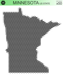 Obraz premium Dotted map of the state of Minnesota in the USA, from hexagons, on a scale of 50x50 elements. With rough edges from a grayscale gradient on a white background.