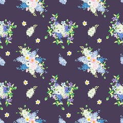 Fototapeta na wymiar Seamless pattern with bouquets of lilacs and summer flowers