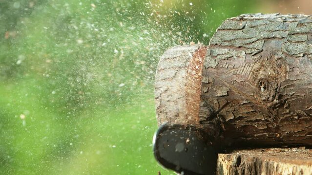 Super slow motion of chainsaw cutting the wooden log. Filmed on high speed cinema camera, 1000 fps.