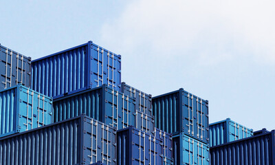 Stack of blue container boxes with sky background. Cargo freight shipping for import and export logistics. Business and transportation concept. 3D illustration rendering