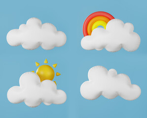 3d rendering set of clouds with rainbow and sun.