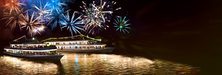 Rhine in flames with 2 ships and fireworks. Symbol image on black background with text field. Rhein...