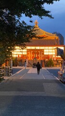 Obraz premium The path to the beautiful Japanese temple at night with Japanese paper lanterns lit in gold, the dim reflects on the exterior of the temple building, heartwarming scenery of the cultural scene Tokyo, 