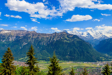 Breathtaking aerial view of Interlaken and Swiss Alps from Harder Kulm viewpoint, Switzerland