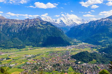 Breathtaking aerial view of Interlaken and Swiss Alps from Harder Kulm viewpoint, Switzerland