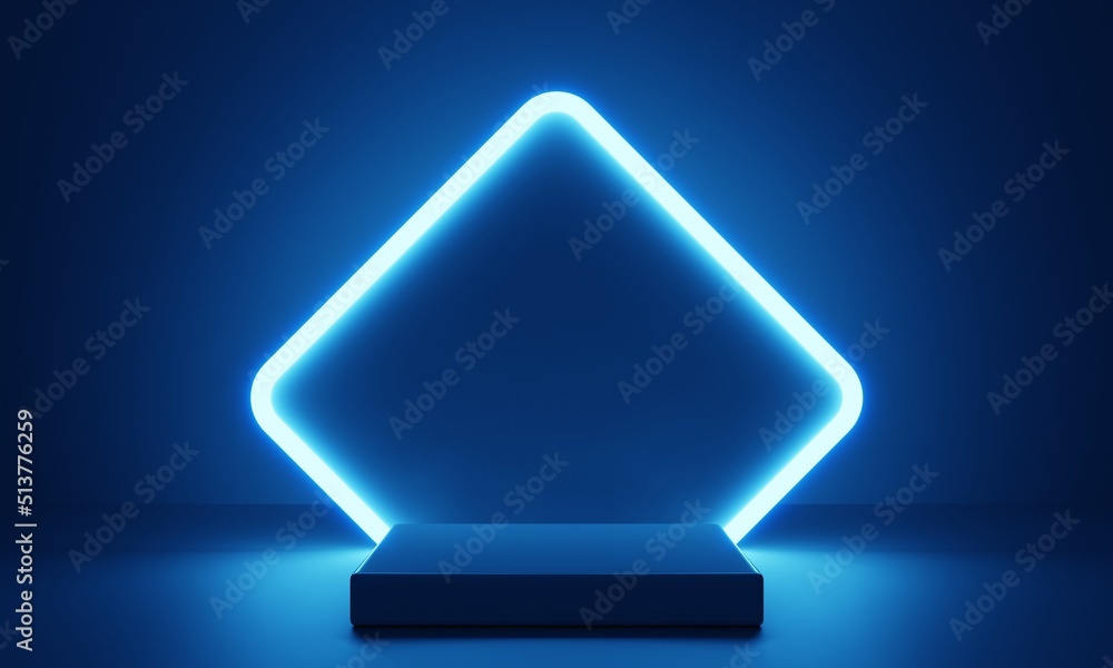 Aufkleber cyberpunk blue empty podium with glowing lamp frame in the dark for product presentation. technology