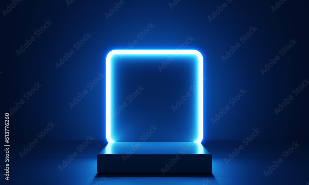 Aufkleber cyberpunk blue empty podium with glowing lamp frame in the dark for product presentation. technology