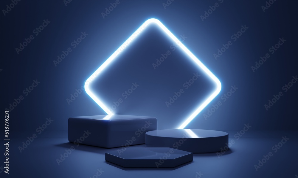 Aufkleber cyberpunk blue empty podium with glowing lamp frame in the dark for product presentation. technology
