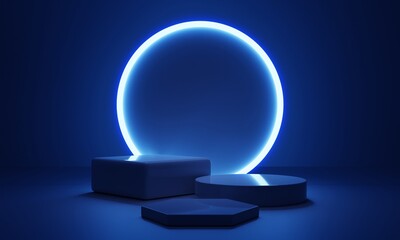 Cyberpunk blue empty podium with glowing lamp frame in the dark for product presentation. Technology and Sci-fi concept. 3D illustration rendering