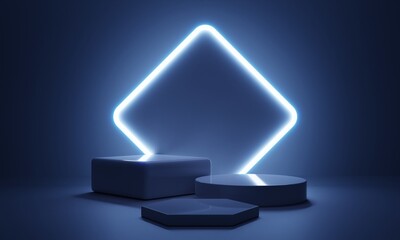 Cyberpunk blue empty podium with glowing lamp frame in the dark for product presentation. Technology and Sci-fi concept. 3D illustration rendering
