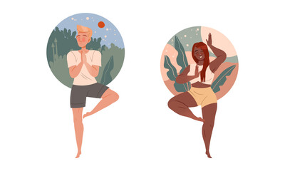 Young man and woman meditating in Tree pose on nature. People practicing yoga and breathing exercise set vector illustration