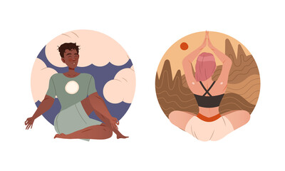 Young man and woman meditating and relaxing. People practicing yoga and breathing exercise set vector illustration