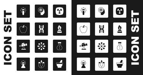 Set Radioactive, DNA symbol, Apple, Explosion in the flask, Alcohol or spirit burner, Atom, Test tube and Telescope icon. Vector