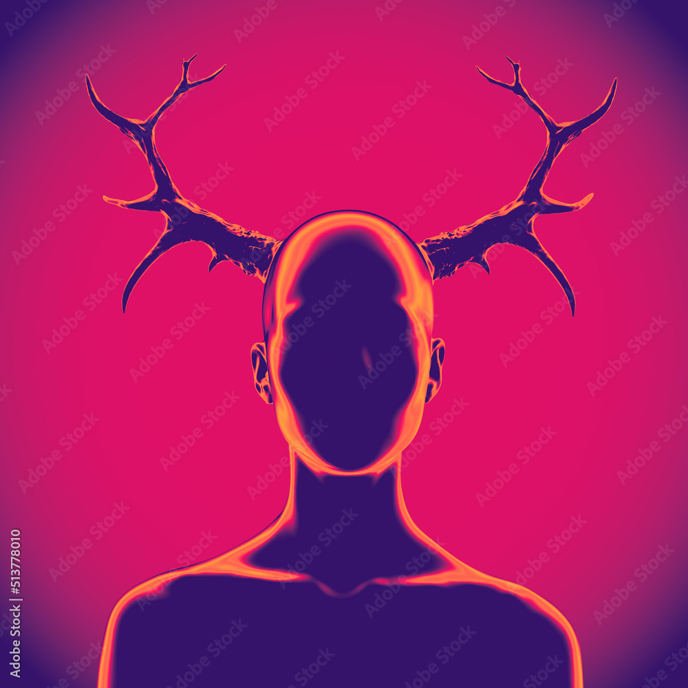 Poster abstract concept illustration from 3d rendering of scary faceless female bust figure frontal view wi