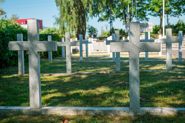 Rząd symbolicznych krzyży na cmentarzu ofiar zbrodni wojennych - obrazy, fototapety, plakaty