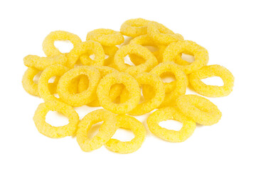 Spicy round corn snacks for beer on a white background.