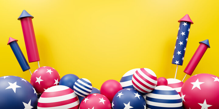 USA Independence day concept. 4th of July background with balls and fireworks. 3D rendering.