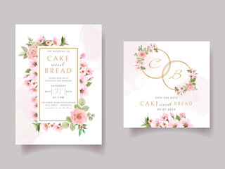 Pink rose and cherry blossom wedding invitation card template