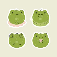 set of cute kawaii frogs stickers hand drawn vector illustration