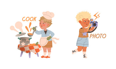 Funny Boy Cooking Soup with Ladle and Taking Photo with Camera Demonstrating Verb Vector Set