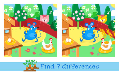 Find 7 differences. Game for children. Activity, vector illustration. Cute mouse near house in summer garden.