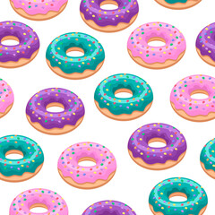 Seamless pattern of multicolored pink donuts.purple, turquoise on a white background.Vector illustration of a pastry dessert.It can be used in the menus of bakeries,restaurants,cafes,textiles, postcar