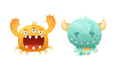 Cute Blue and Orange Monster Character as Toothy and Hairy Mutant with Funny Friendly Face and Big Mouth Vector Set