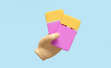3d hands hold ticket booking cinema, theatre, concert, play, party, event, festival, sky train, airplane isolated on pink background. 3d render illustration
