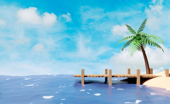 3d island with wooden bridge leading into the sea on a bright day, palm tree, sea beach, blue sky landscape background. summer travel, 3d render illustration