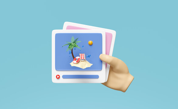 3D hands hold social media or communication online platform with lifebuoy, water splash, palm tree, play icons, photo frame isolated on blue background. summer travel concept, 3d render illustration